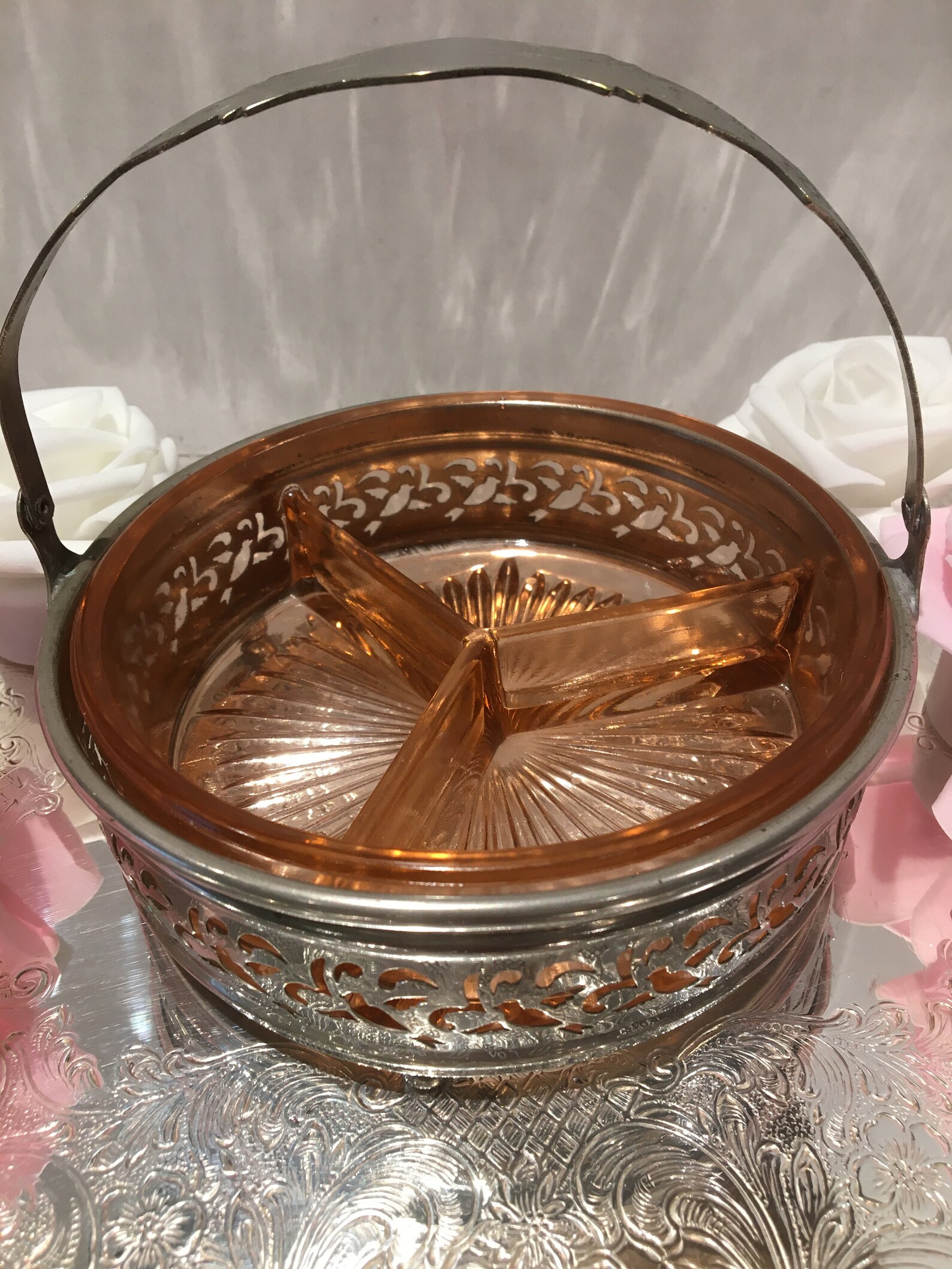 Pink Depression Glass Divided Candy Dish With Chrome Caddy Etsy