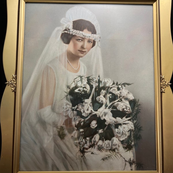 Hand Tinted Flapper Bride Photo in Vintage Gold Toned Frame