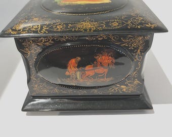 Russian Folk Art Lacquer Box, Unique and Beautiful Square Shape, Christmas Gift, Russian Fairytale, Russian Peasant