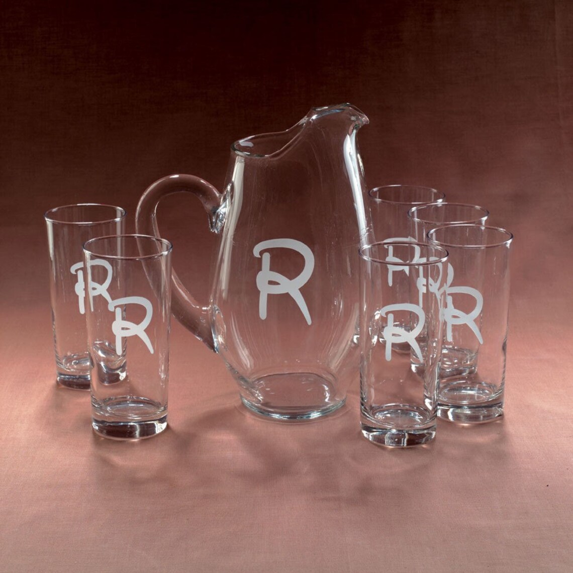 Glass Pitcher with 6 Drinking Glasses Monogrammed Pitcher and Etsy