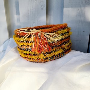 Handmade Multi-Colored, Multi-Fiber Crochet Bowl Trimmed with Recycled Silk, Raffia and Handmade Ceramic Beads