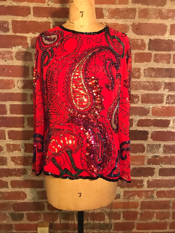 Paisley beaded silk evening blouse top