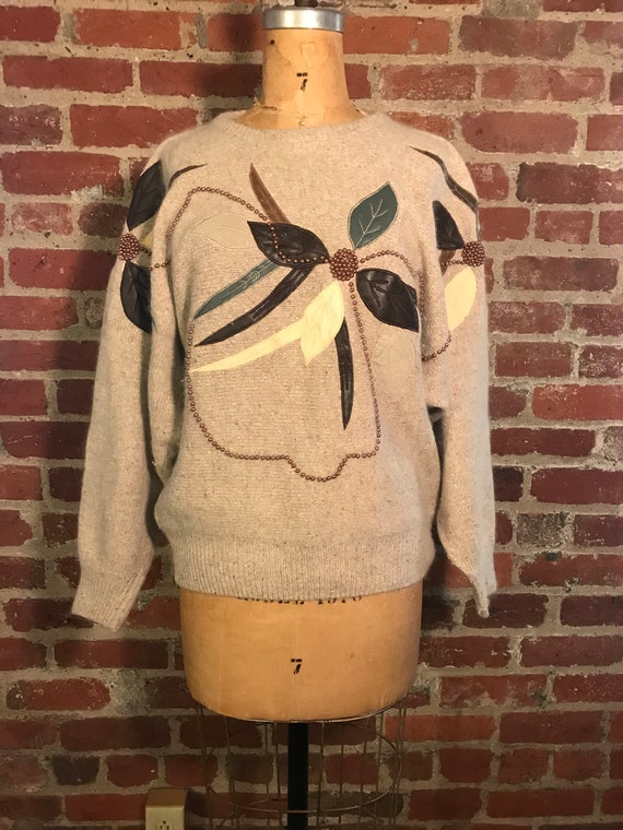 Statement pearl, leather and suede sweater. Size L
