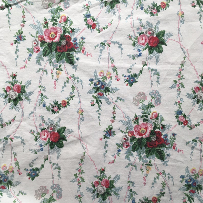 Cotton Vintage Sheet Fabric / Floral Bouquets Swags / Pink Etsy