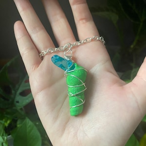 Aqua Aura Quartz Hand Painted Seashell Wire Wrapped Boho Necklace