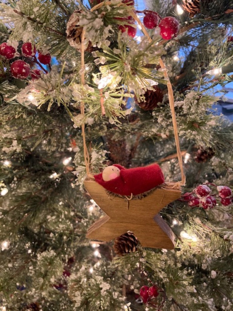 Baby Jesus Christmas Ornament Wooden with Raffia Hanger Unique Handmade Decoration Made in USA