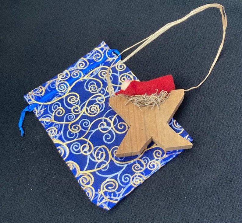 Baby Jesus Christmas Ornament Wooden with Raffia Hanger Unique Handmade Decoration Made in USA