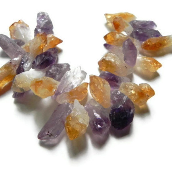 40% Off Sale, rough amethyst beads, 8 pieces rough citrine beads, mineral drop beads, february birthstone beads, November birthstone beads