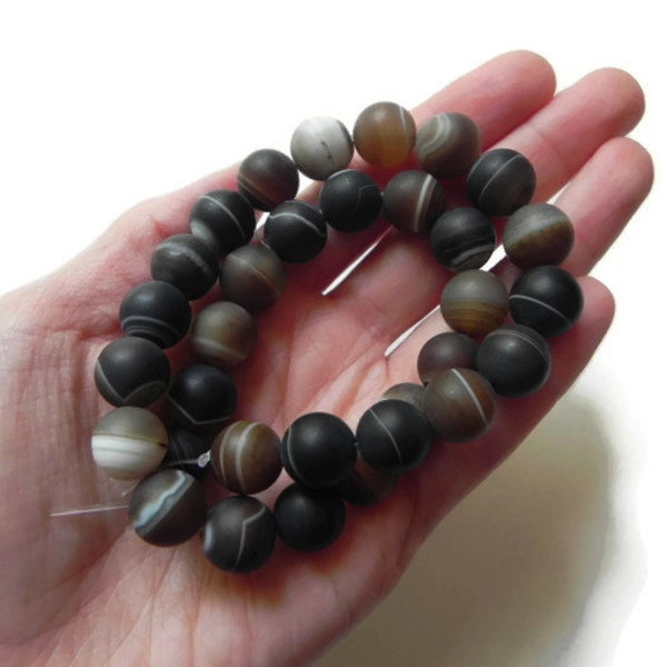 Agate beads, 8 pieces spacey dark brown agate rounds, semi precious gemstone beads, 12mm agate beads