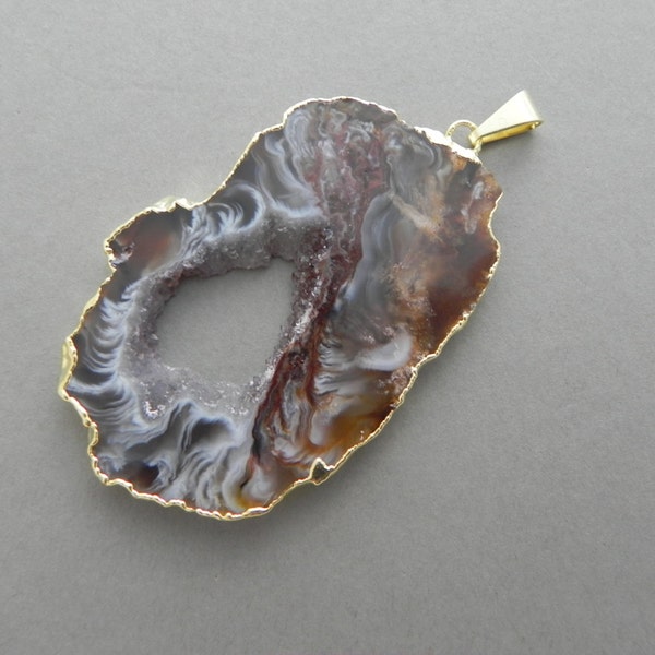 30% off with code, Agate geode pendant bead, Geode druzy bead with gold plated rim and bale