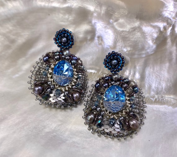 Blue Swarovski crystal chandelier earrings OOAK handmade Marie Antoinette jewelry Renaissance Rococo unique vintage gift anniversary