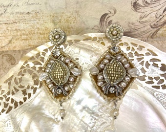 Beaded silver wedding drop earrings one of a kind handmade Swarovski crystals Art deco jewelry romantic Downton Abbey retro vintage gift