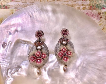 Floral earrings Designer Embroidered pink Rose Drop earrings OOAK handmade Rococo Romantic fantasy statement jewelry Sweet Lolita