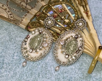 Mint green embroidered drop earrings one of a kind handmade fairytale jewelry Swarovski crystals costume cosplay romantic gift prom