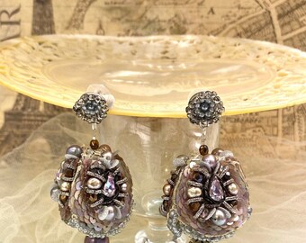 Mauve Lavender Bead embroidered Designer earrings Chandelier handmade Victorian jewelry Swarovski crystals cosplay costume fairytale
