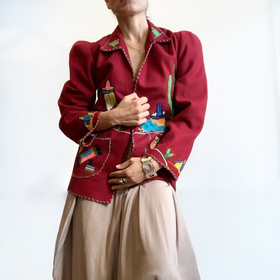 1940s Mexican Souvenir Burgundy Embroidered Jacket