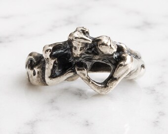 Oxidized Sterling Silver Two Mermaids Ring: Mythical Ocean Jewelry