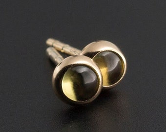 Solid Gold Bezel Natural Peridot 3mm Small Stud Minimalist Handmade Earrings
