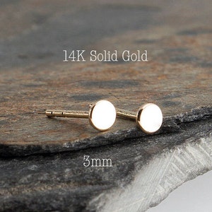14K Solid Gold Stud Earrings, Piercing Post Studs, 14k Gold Earrings, Gold Stud, Polka Dot Stud, 14K Gold Circle Studs, Tiny Pebble, 3mm