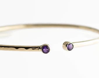 Custom Amethyst Birthstone Cuff – 14K Solid Gold Bezels on Hammered Gold Filled Band – Handmade Minimalist Bangle Bracelet