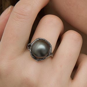 Large Tahitian Pearl Ring | Sterling Silver Statement Ring | Black Saltwater Pearl Engagement Ring | Handmade Gift for Her