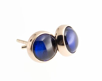 Blue Sapphire 14K Gold Stud Earrings, Bezel Setting