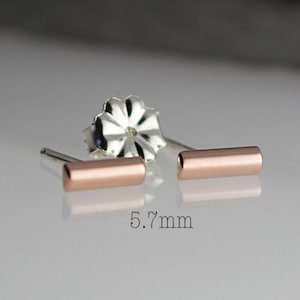 14K Solid Rose Gold 5.7mm Bar Earrings, Solid Gold Studs, Gold with Silver Post Earrings, Minimalist Earrings, Handmade, Small Earring