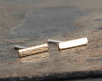 14K Solid Gold Bar Stud Earrings, Minimalist 7mm Flat Bar Posts, Dainty Everyday Jewelry