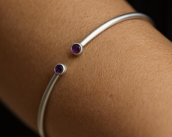 Matte Sterling Silver Open Cuff Bracelet, Rhodolite Garnet, Handmade
