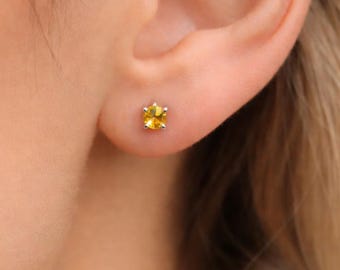 Yellow Citrine Sterling Silver Studs, November Birthstone, 3mm
