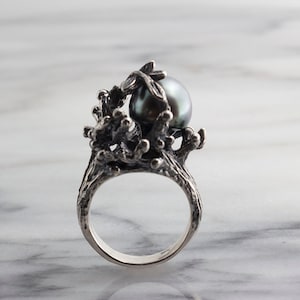 Tahitian Pearl Ring, Saltwater Pearl, Sterling Silver Ring, Handmade Jewelry, Black Silver Ring, Statement Pearl Ring, Gift for Her