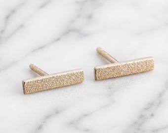14K Solid Gold Bar Stud Earrings, 9mm Frosted Texture, Minimalist Dainty Jewelry, Handmade Gift