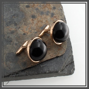 Men Cufflinks, Round Stone Cuffs, Black Onyx Cabochon Stone Cufflinks, Bronze Cufflinks, Handmade Cufflinks, READY TO CHIP..........