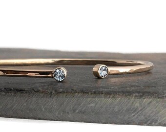 Sky Blue Topaz Cuff – 14K Gold Filled Hammered Band with Solid Gold Bezels – Custom Birthstone Bracelet Gift