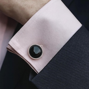 Men Jewelry Sterling Silver Round Cufflinks Black Onyx Cabochon Stone Handmade