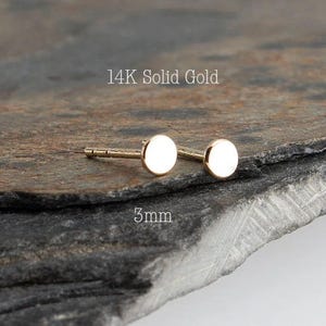 14K Solid Gold Circle Stud Earrings, 3mm Tiny Pebble, Modern Jewelry