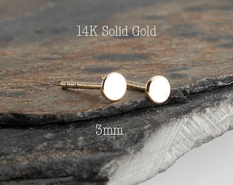 14K Solid Gold Circle Stud Earrings, 3mm Tiny Pebble, Modern Jewelry
