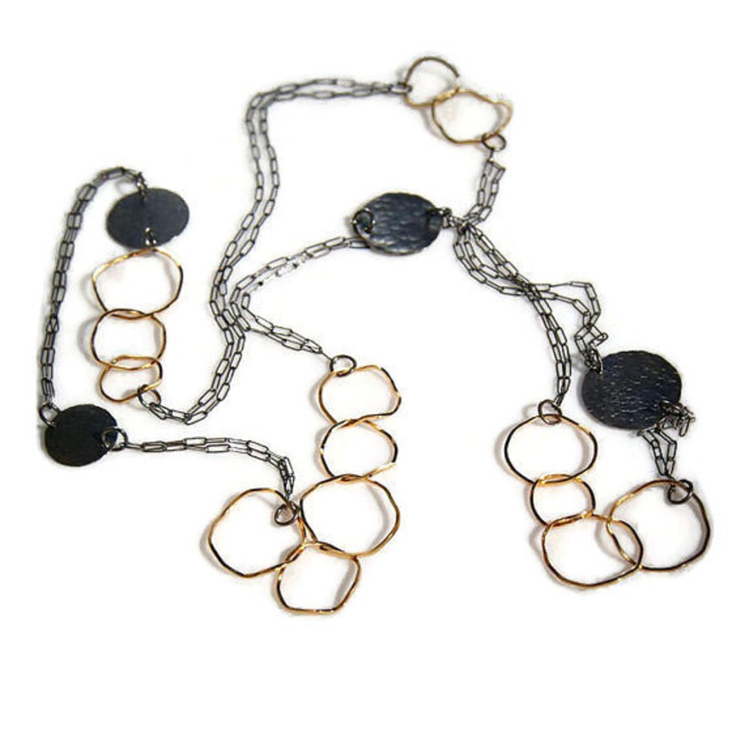 Gold Chain Circles Necklace Silver Necklace Handmade Necklace, Mixed Metal Necklace, Statement