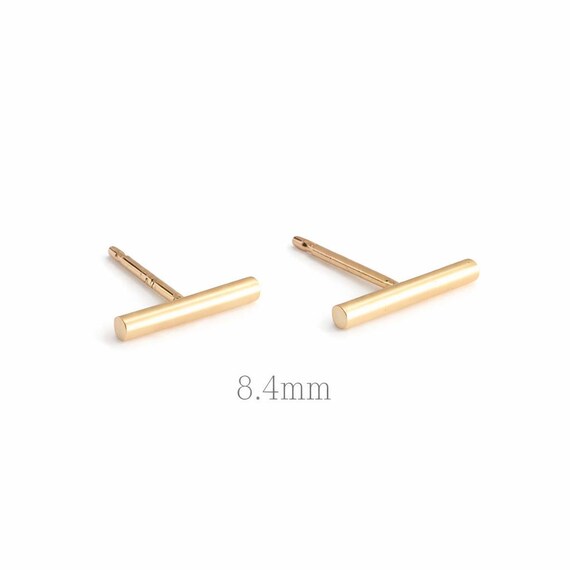 Tiny 14K Gold Bar Stud Earrings, Minimalist Jewelry (8.4mm)