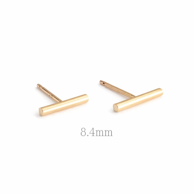 Tiny 14K Gold Bar Stud Earrings, Minimalist Jewelry (8.4mm) image 1