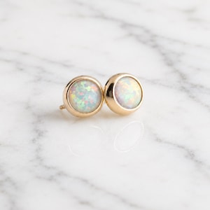 14K Solid Gold Opal Stud Earrings, 4mm Handmade September Birthstone
