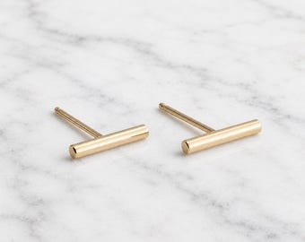 14K Solid Gold Bar Studs, Minimalist Earrings (10mm)
