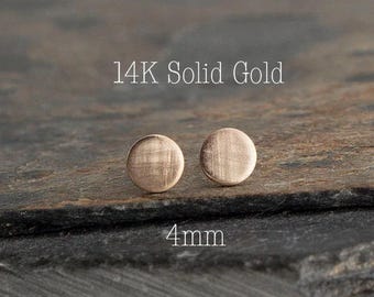 14K Solid Gold Stud Earrings: 4mm Polka Dot Double Clutch