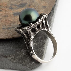Tahitian Black Pearl Ring, Saltwater Green Pearl, Sterling Silver Ring, Oxidized Silver, Handmade Statement Ring