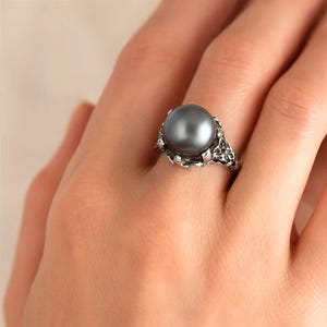 Tahitian Pearl Ring in Sterling Silver | Dark Gray Brown Pearl Statement Ring | Handmade Silver Jewelry | Gift for Her