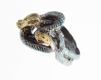 Sterling Silver Gold Double Headed Snake Ring