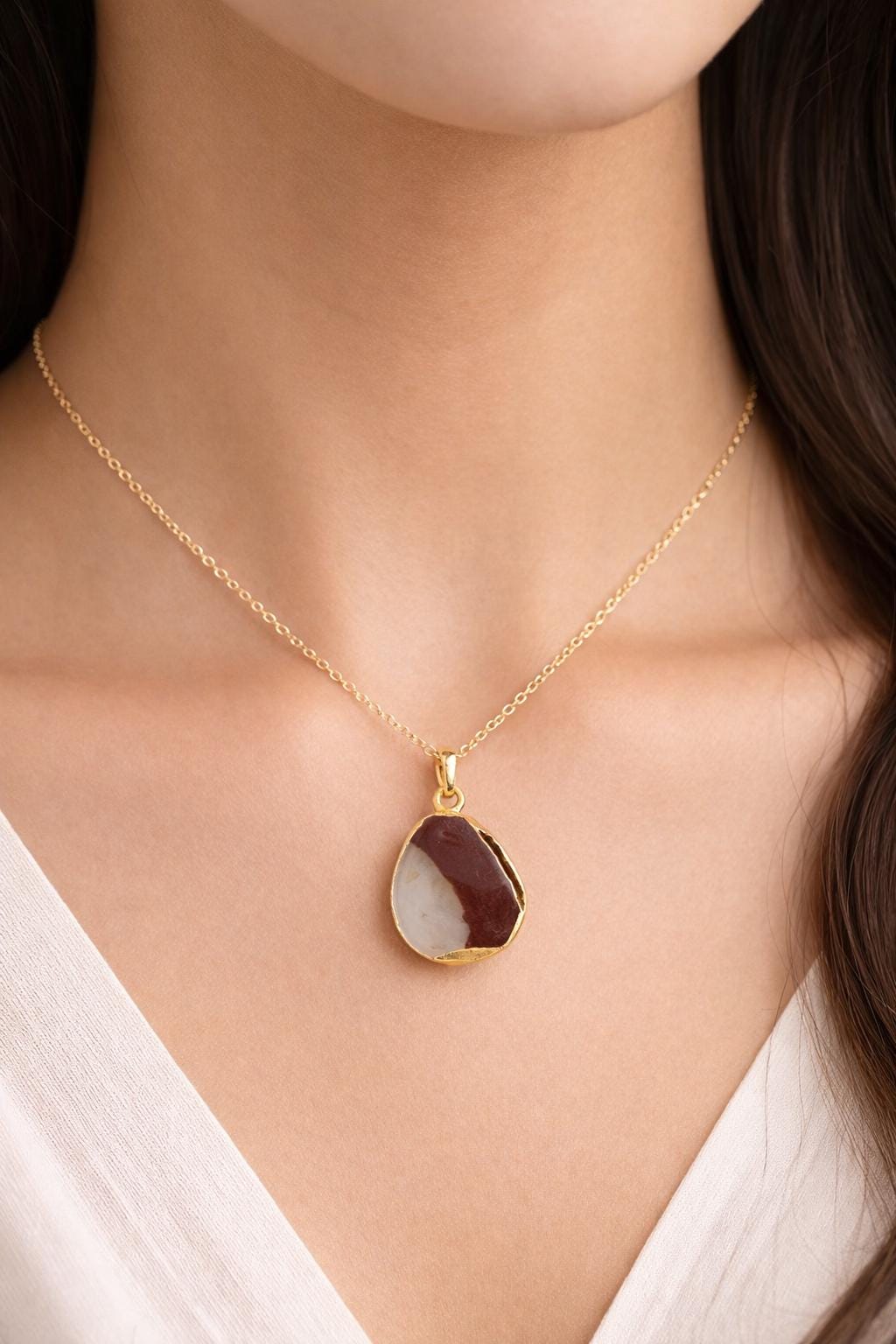 Agate Stone Pendant Necklace, 24k Gold Dipped, Natural Gemstone Jewelry