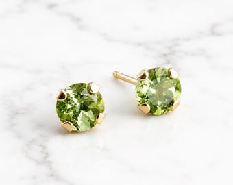 4mm Green Peridot Stud Earrings, Solid 14K Gold, Handmade Gemstone Earring
