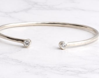 Sterling Silver CZ Stone Open Cuff Bracelet, Minimalist Bangle