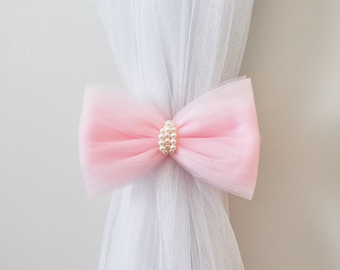 Bow Curtain Tie Backs, Pink Bow Tie Backs, Curtain Holdback, Drapery Tieback, Baby Nursery Decor, Girl Room Decor, Home Accessories